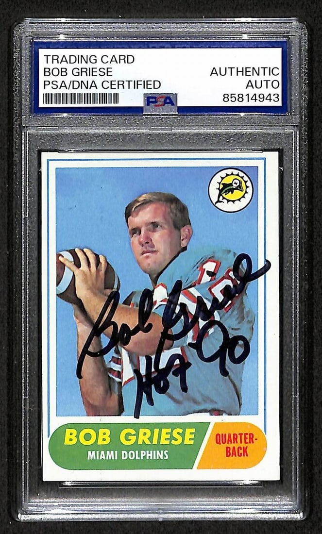 PSA DNA Autographed 1968 Topps 196 Bob Griese HOF Dolphins Card: PSA DNA Autographed 1968 Topps 196 Bob Griese HOF Dolphins Card Original Bob Griese Hall of Fame 1968 Topps rookie card #196 featuring an autograph. Pre-owned item with PSA/DNA authentication noted in