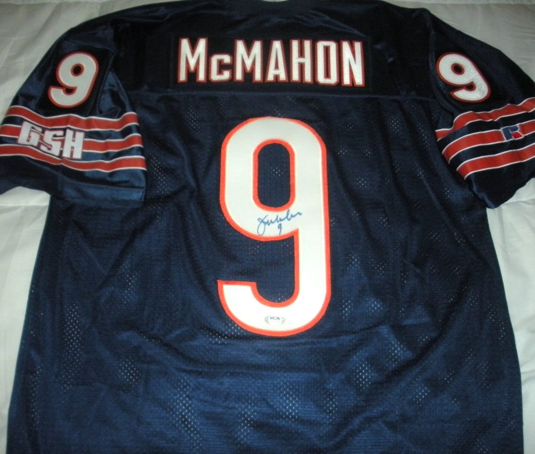 Autographed Russell Jersey with PSA DNA COA Chicago Bears Jim McMahon: Autographed Russell Jersey with PSA DNA COA Chicago Bears Jim McMahon This official licensed Russell Chicago Bears jersey is signed by Jim McMahon. The jersey is authenticated with PSA/DNA/COA and rep