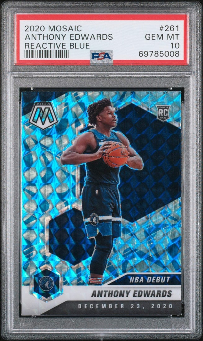 2020 Mosaic Anthony Edwards #261 PSA 10 Reactive Blue Basketball Card: 2020 Mosaic Anthony Edwards #261 PSA 10 Reactive Blue Basketball Card This is a 2020 Mosaic Anthony Edwards #261 Reactive Blue Rookie Card, graded a perfect PSA 10 by the Professional Sports Authentic