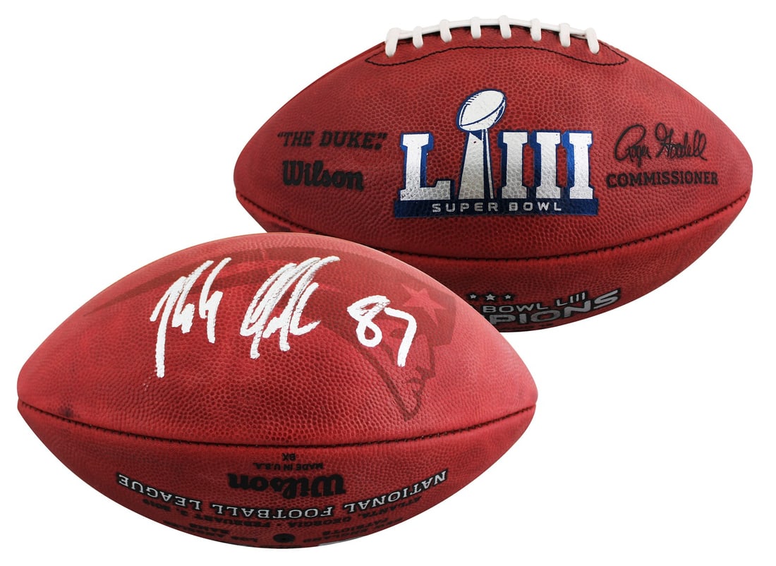 Rob Gronkowski autographed Wilson The Duke Super Bowl LIII football BAS witnessed: Rob Gronkowski autographed Wilson The Duke Super Bowl LIII football BAS witnessed Official Wilson "The Duke" NFL football featuring the Super Bowl LIII logo, personally signed by Rob Gronkowski of the