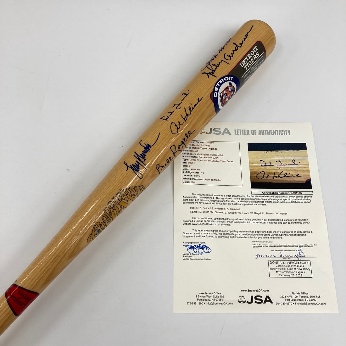 Cooperstown baseball bat signed by Detroit Tigers Hall of Fame legends JSA (1 of 14)
