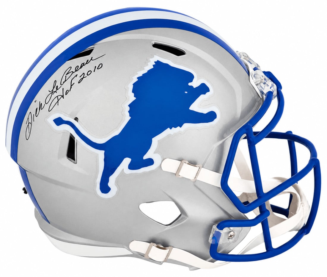 Detroit Lions throwback Riddell full size replica helmet signed by Dick LeBeau: Detroit Lions throwback Riddell full size replica helmet signed by Dick LeBeau Pre-owned Riddell full size speed replica throwback Detroit Lions helmet signed by Dick LeBeau and inscribed "HOF 2010." 