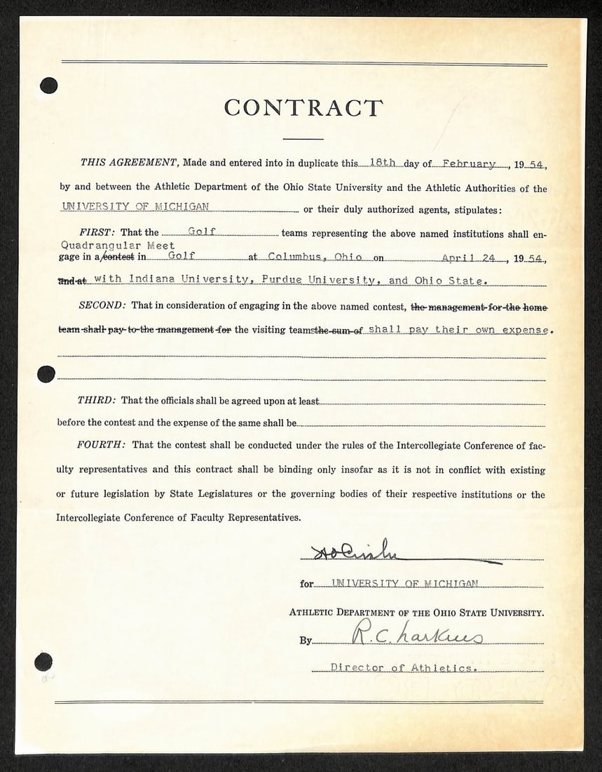 Fritz Crisler Signed Michigan Football Contract PSA Authenticated: Fritz Crisler Signed Michigan Football Contract PSA Authenticated This is an original contract signed by Fritz Crisler, the College Football Hall of Fame Michigan Head Coach. The autograph on the cont