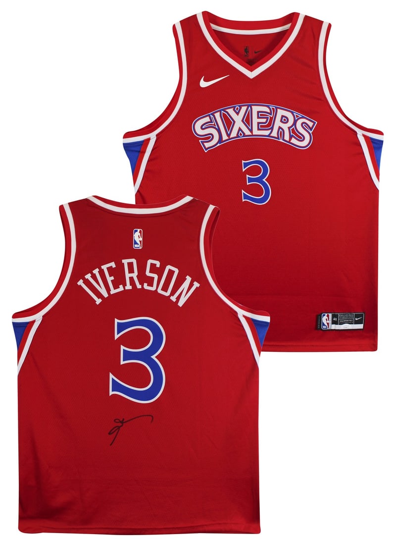 JSA Allen Iverson autographed Philadelphia 76ers Nike Jordan jersey: JSA Allen Iverson autographed Philadelphia 76ers Nike Jordan jersey Pre-owned red Nike Jordan Swingman jersey signed by Allen Iverson of the Philadelphia 76ers. This original autographed jersey includ