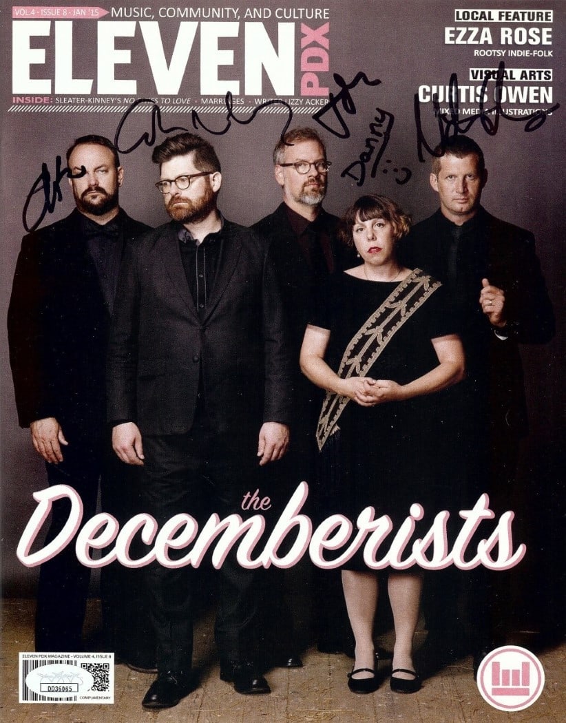 The Decemberists Signed Eleven Magazine JSA Authenticated: The Decemberists Signed Eleven Magazine JSA Authenticated This original Eleven magazine features the signature of The Decemberists band, including lead singer Colin Meloy. Authentically signed and aut