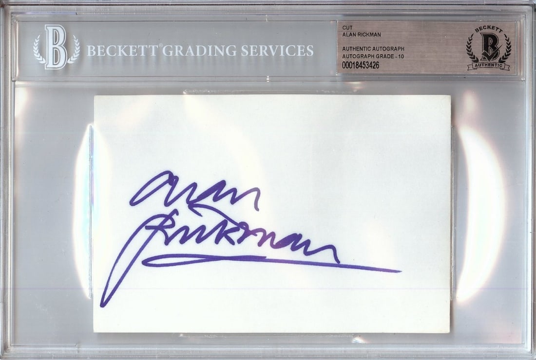 Alan Rickman Beckett Certified Autograph Cut Signature Die Hard BAS 10: Alan Rickman Beckett Certified Autograph Cut Signature Die Hard BAS 10 This item is an original cut signature autographed by Alan Rickman, known for his role in Die Hard. The signature has been authen