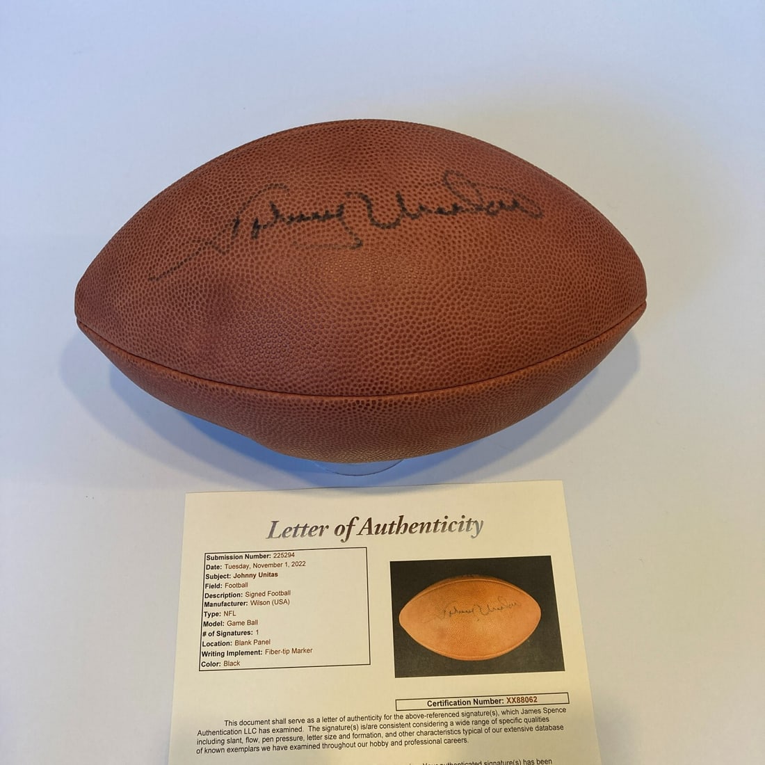 Johnny Unitas Autographed Wilson NFL Game Football with JSA COA: Johnny Unitas Autographed Wilson NFL Game Football with JSA COA This is an original Johnny Unitas signed NFL game football, produced by Wilson. The football features a genuine autograph authenticated 