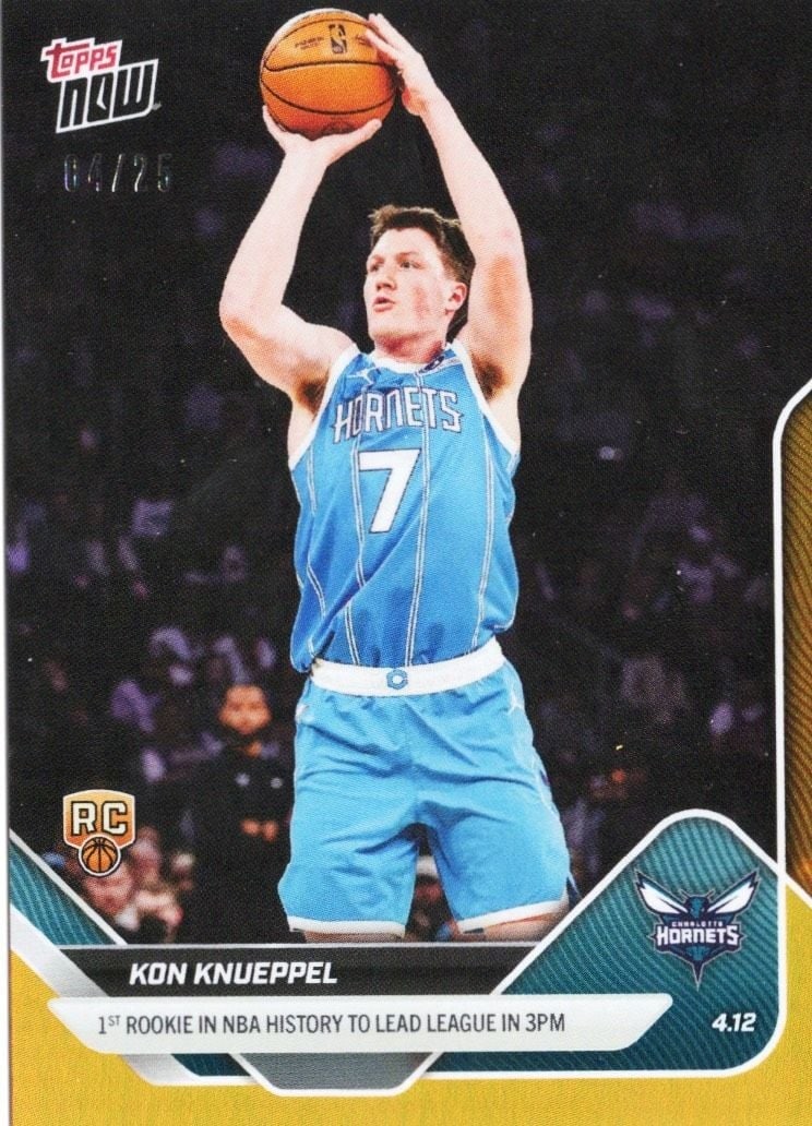 Kon Knueppel 2025 Topps Now #252 Orange Foil Rookie Card /25: Kon Knueppel 2025 Topps Now #252 Orange Foil Rookie Card /25 2025 Topps Now Kon Knueppel #252 Orange Foil rookie sports trading card featuring Kon Knueppel of the Charlotte Hornets. This pre-owned bas