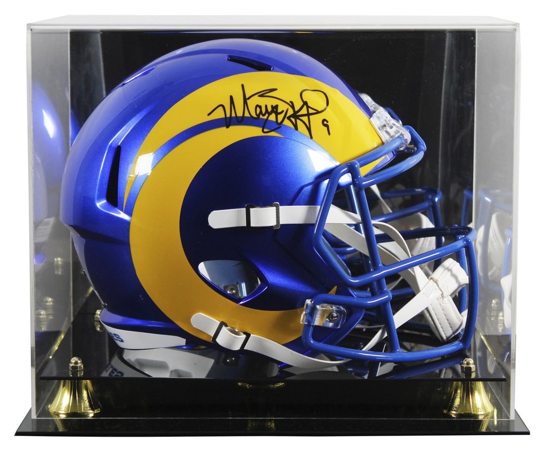Matthew Stafford autographed Rams Speed replica helmet with Beckett case: Matthew Stafford autographed Rams Speed replica helmet with Beckett case Autographed Los Angeles Rams full-size Speed replica helmet signed by Matthew Stafford and presented with a UV mirrored back ac