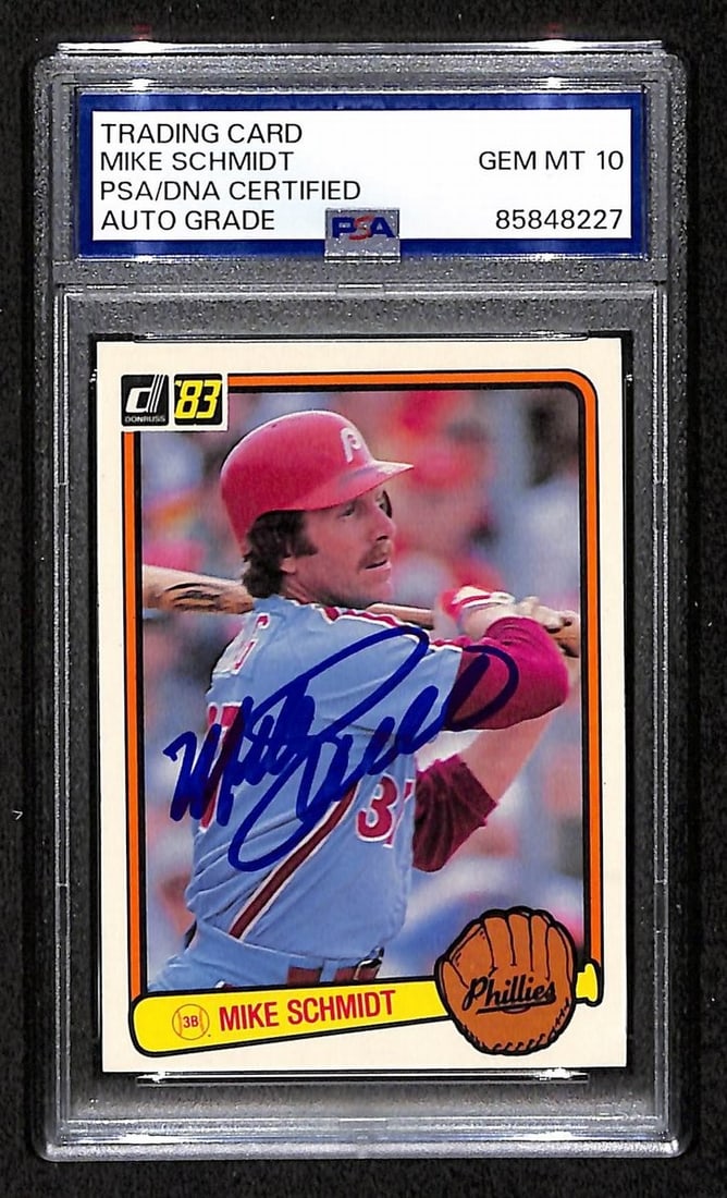 PSA DNA GEM 10 Autographed 1983 Donruss 168 Mike Schmidt Phillies HOF: PSA DNA GEM 10 Autographed 1983 Donruss 168 Mike Schmidt Phillies HOF Original Mike Schmidt 1983 Donruss Card #168 featuring the Phillies Hall of Famer. This pre-owned baseball card is signed and carr