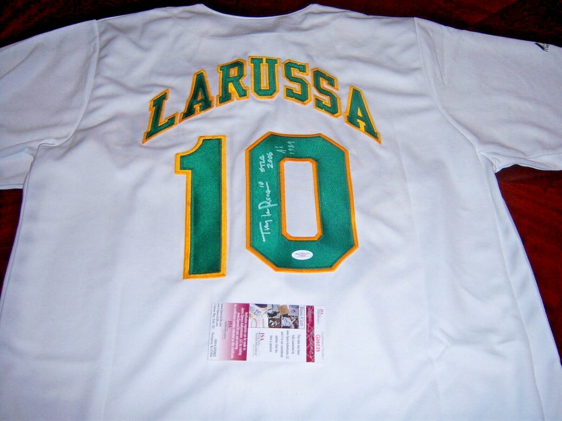 Signed Tony La Russa Oakland Athletics Majestic Jersey JSA COA: Signed Tony La Russa Oakland Athletics Majestic Jersey JSA COA This is an officially licensed Majestic Oakland Athletics baseball jersey, signed by Tony LaRussa. The jersey features the name 'LARUSSA'