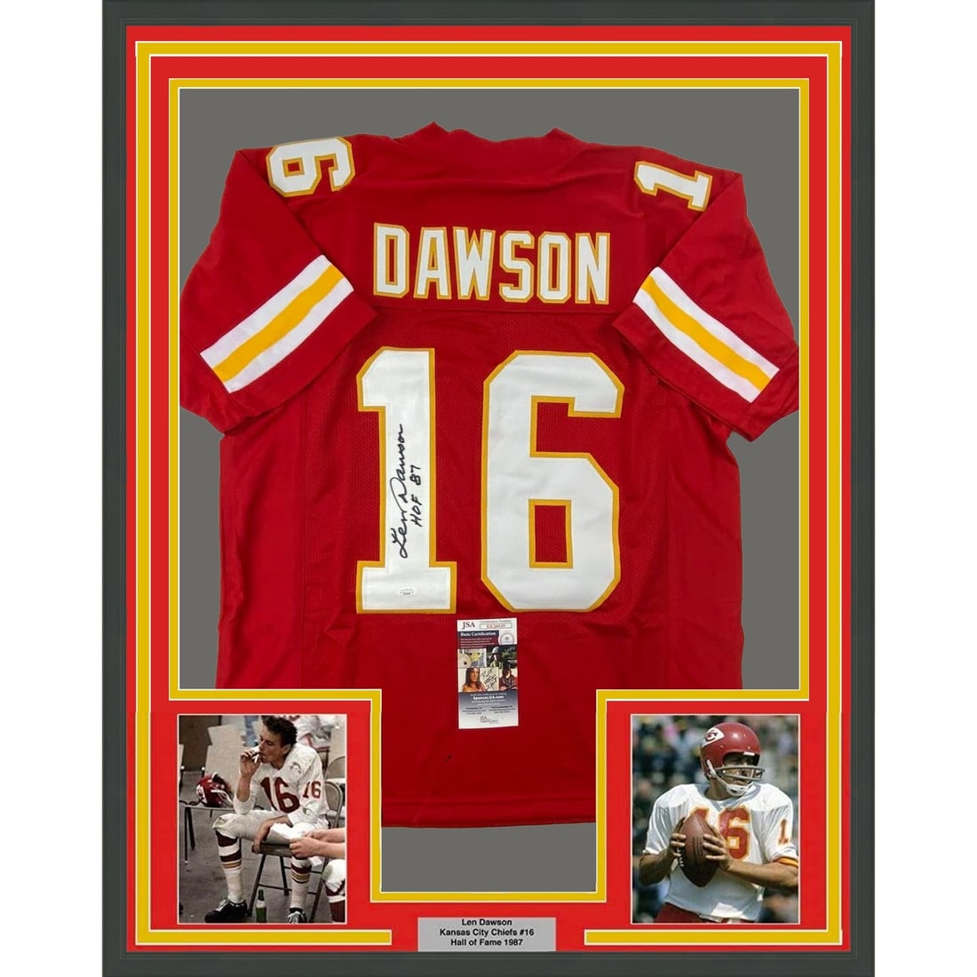 Len Dawson autographed framed Chiefs red jersey 35x39 JSA (1 of 2)
