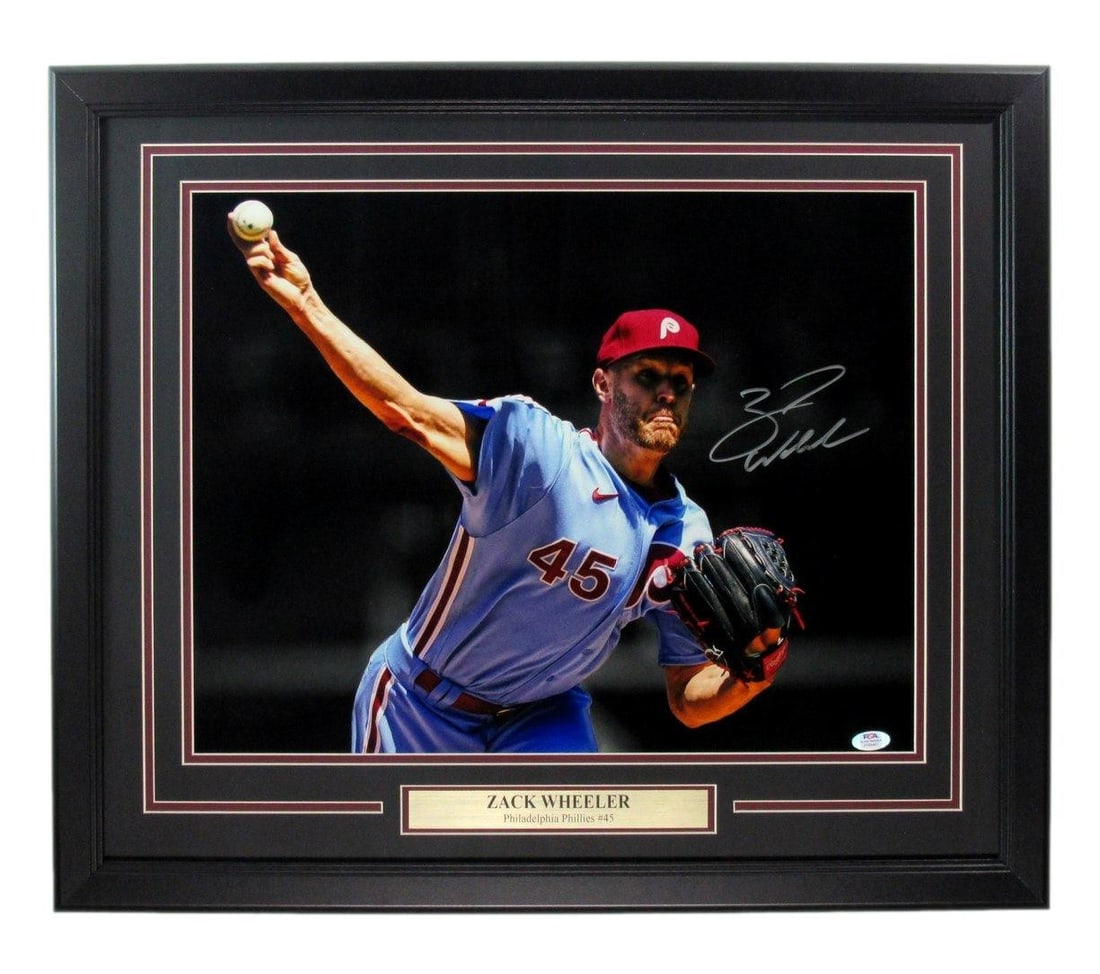 Framed Zack Wheeler Autographed 16x20 Phillies Photo PSA DNA Original: Framed Zack Wheeler Autographed 16x20 Phillies Photo PSA DNA Original Framed 16x20 Philadelphia Phillies photo signed by Zack Wheeler. This original baseball collectible is authenticated by PSA/DNA an