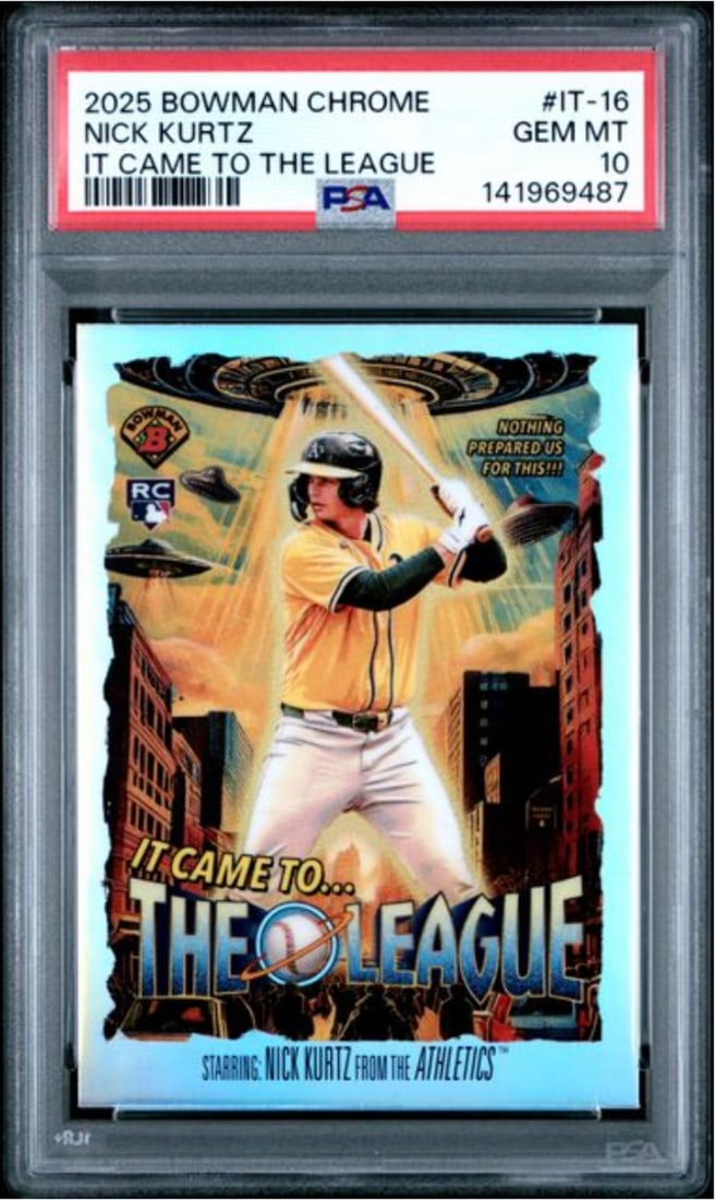 PSA 10 Nick Kurtz 2025 Bowman Chrome The League Rookie Card #IT16: PSA 10 Nick Kurtz 2025 Bowman Chrome The League Rookie Card #IT16 This is a 2025 Topps Bowman Chrome "The League" rookie card featuring Nick Kurtz of the Oakland Athletics. The card is an original iss