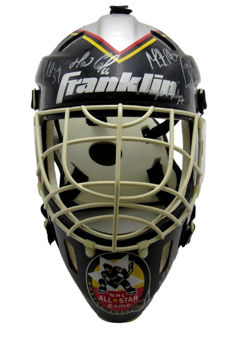Signed 1996 NHL All-Star Game Goalie Mask 22 Player Autographs: Signed 1996 NHL All-Star Game Goalie Mask 22 Player Autographs Original full-size 1996 NHL All-Star Game goalie mask signed by players. This limited edition piece is numbered 0142/2000 and features 22