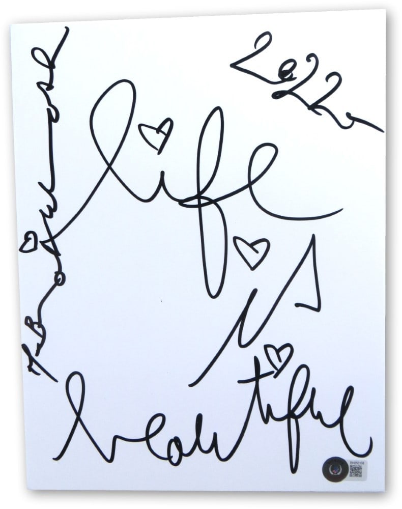 Mr. Brainwash Signed 8.5X11 Sketch Life is Beautiful Beckett Authenticated: Mr. Brainwash Signed 8.5X11 Sketch Life is Beautiful Beckett Authenticated This unique 8.5x11 sketch titled "Life is Beautiful" is an original piece by renowned artist Mr. Brainwash. The artwork is au