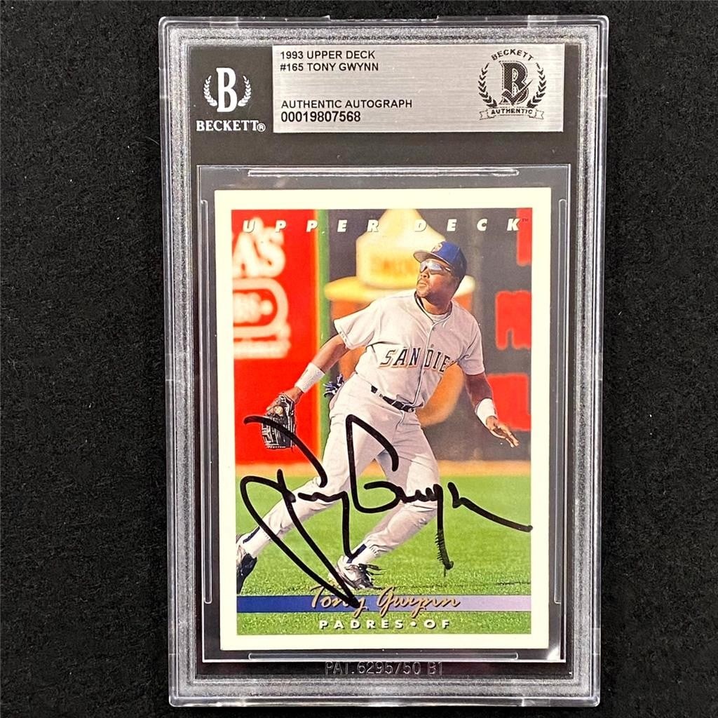 Tony Gwynn 1993 Upper Deck 165 autographed baseball card BAS: Tony Gwynn 1993 Upper Deck 165 autographed baseball card BAS Original 1993 Upper Deck #165 sports trading card featuring Tony Gwynn of the San Diego Padres. This hard-signed autograph card is authenti