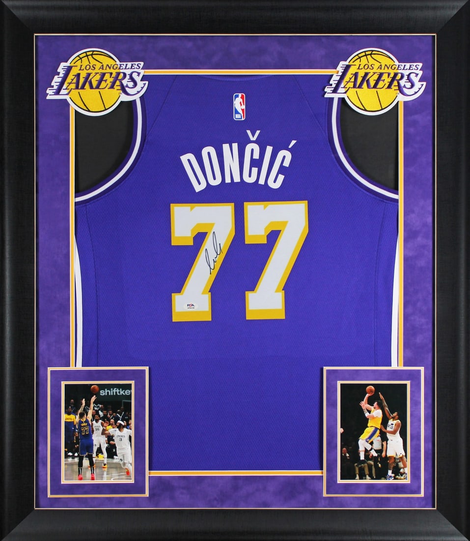 Framed Nike Swingman Jersey signed by Luka Doncic Lakers PSA DNA: Framed Nike Swingman Jersey signed by Luka Doncic Lakers PSA DNA Framed purple Nike Swingman jersey personally signed by Luka Doncic of the Los Angeles Lakers. This original autographed jersey include