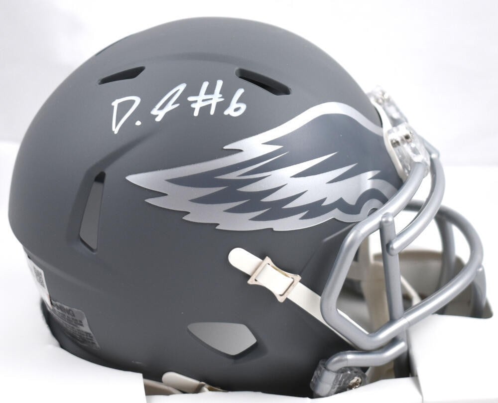 Philadelphia Eagles Slate Speed Mini Helmet signed by Devonta Smith: Philadelphia Eagles Slate Speed Mini Helmet signed by Devonta Smith Autographed Philadelphia Eagles slate speed mini helmet signed by Devonta Smith. The item is an original football collectible and