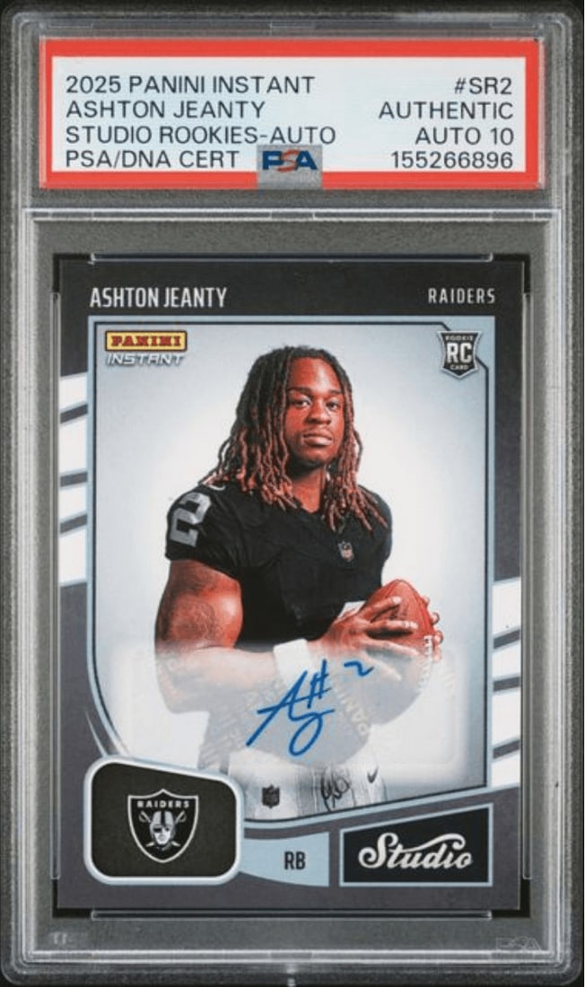 PSA 10 Ashton Jeanty 2025 Panini SR2 Studio Rookies Auto /99 RC: PSA 10 Ashton Jeanty 2025 Panini SR2 Studio Rookies Auto /99 RC Graded 2025 Panini Ashton Jeanty #SR2 Studio RC Auto /99 sports trading card. This autographed card is encapsulated and graded by PSA, w