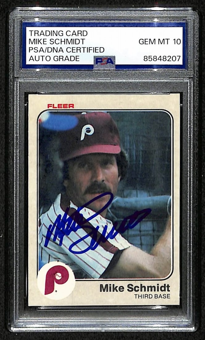 PSA DNA Gem 10 Signed 1983 Fleer 173 Mike Schmidt Phillies HOF Card: PSA DNA Gem 10 Signed 1983 Fleer 173 Mike Schmidt Phillies HOF Card Original Mike Schmidt 1983 Fleer Card #173 featuring the Philadelphia Phillies Hall of Famer, signed and graded PSA/DNA Auto GEM 10.