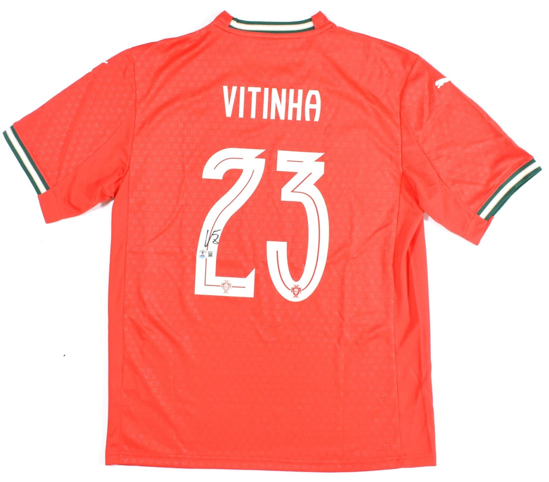 Portugal #23 Home Soccer Jersey Signed by Vitinha Beckett Holo: Portugal #23 Home Soccer Jersey Signed by Vitinha Beckett Holo Pre-owned Portugal home soccer jersey autographed by Vitinha. This jersey is identified as number 23 and includes Beckett witness hologra