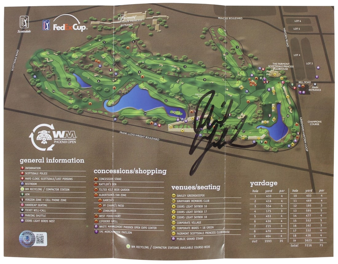 Phil Mickelson Signed Waste Management Phoenix Open Map Beckett Authenticated: Phil Mickelson Signed Waste Management Phoenix Open Map Beckett Authenticated This authentic autographed Waste Management Phoenix Open Map features the signature of renowned golfer Phil Mickelson. A k