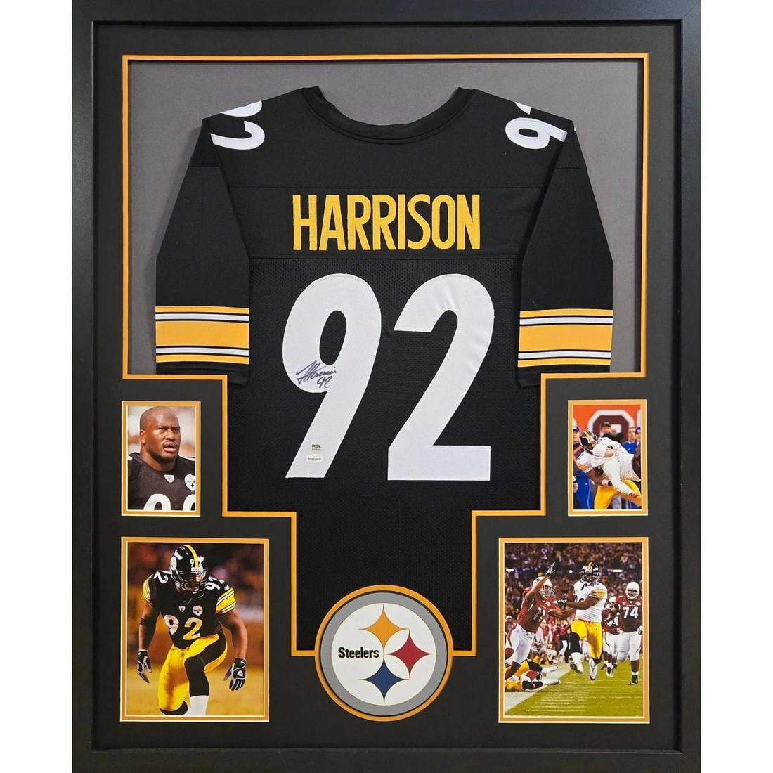 Framed Steelers James Harrison Signed Black Jersey PSA DNA: Framed Steelers James Harrison Signed Black Jersey PSA DNA Framed black jersey autographed by James Harrison. This piece is authenticated by PSA/DNA and includes a tamper-proof sticker. It is presente