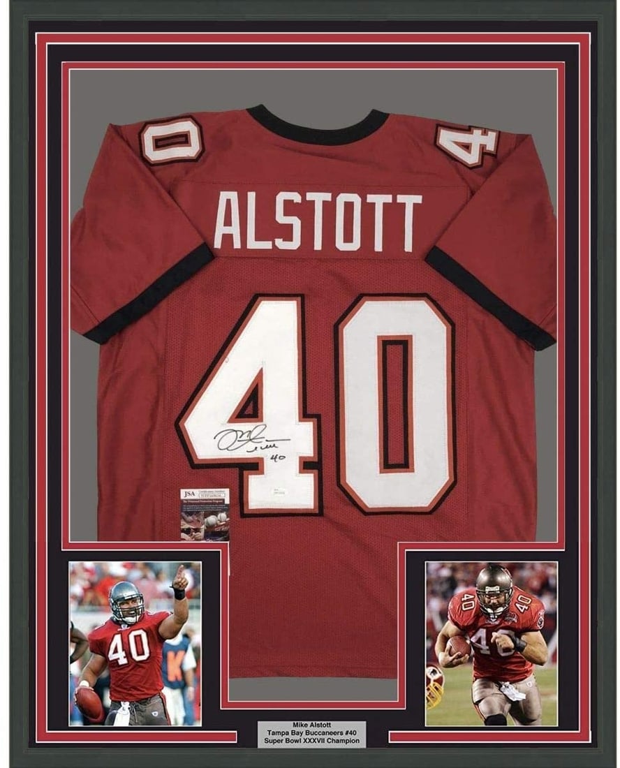 Mike Alstott Signed Framed Red Buccaneers Jersey 35x39 JSA COA: Mike Alstott Signed Framed Red Buccaneers Jersey 35x39 JSA COA Professionally framed and matted autographed Mike Alstott red Tampa Bay Buccaneers jersey. This original signed football display includes
