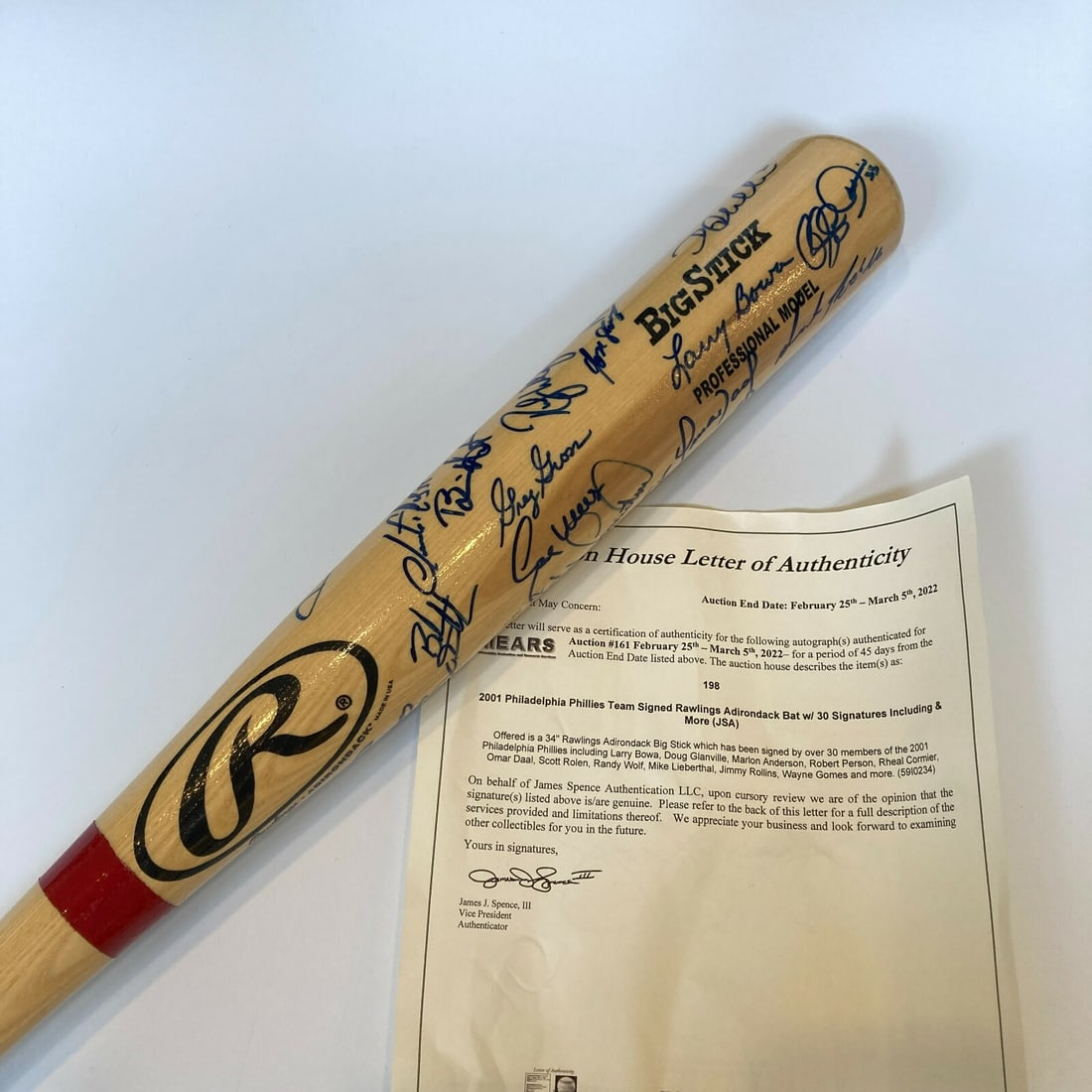 2001 Phillies Team Signed Rawlings Bat 34 with JSA COA: 2001 Phillies Team Signed Rawlings Bat 34 with JSA COA This is a remarkable 34" Rawlings Adirondack Big Stick baseball bat, signed by over 30 members of the 2001 Philadelphia Phillies. The autographs 