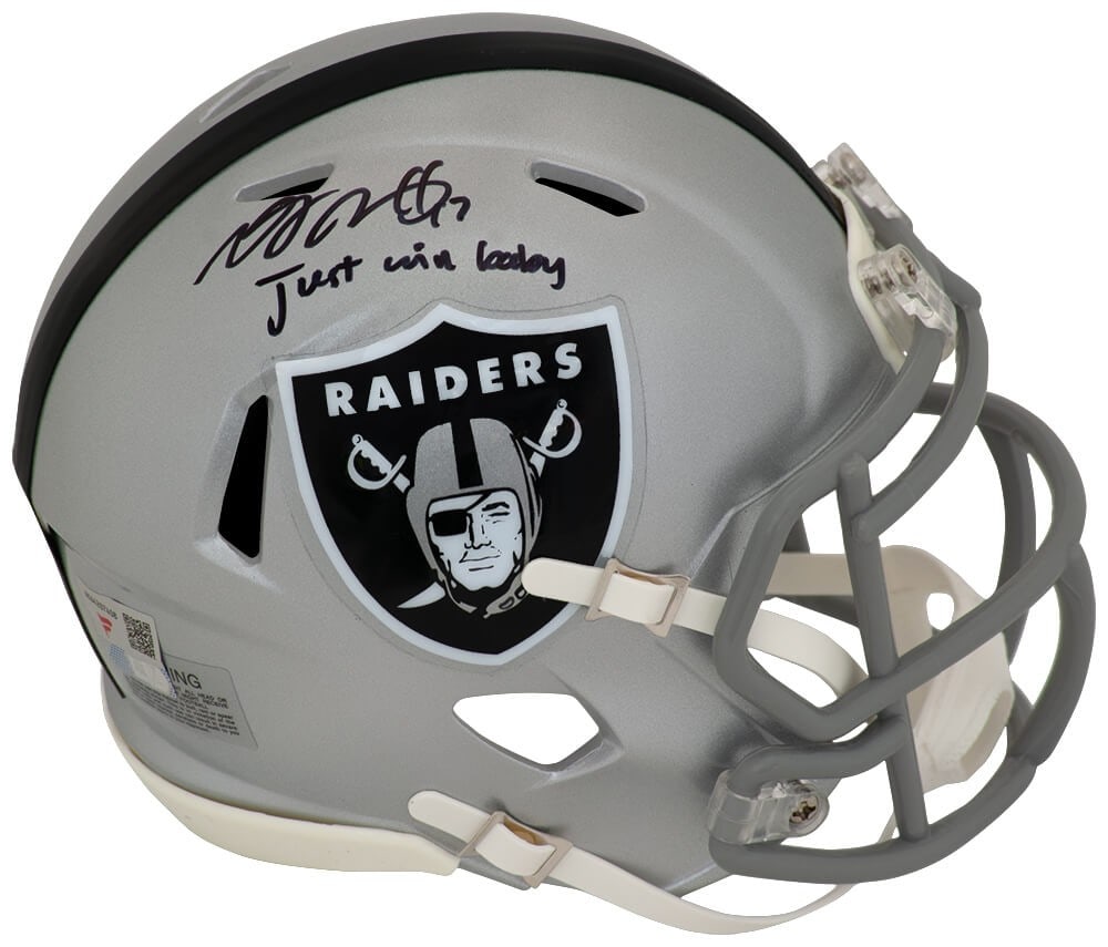 Riddell Speed Mini Helmet Raiders Davante Adams Signed Just Win Baby COA: Riddell Speed Mini Helmet Raiders Davante Adams Signed Just Win Baby COA Pre-owned Riddell speed mini helmet signed by Davante Adams and featuring the "Just Win Baby" inscription. This Las Vegas Raide