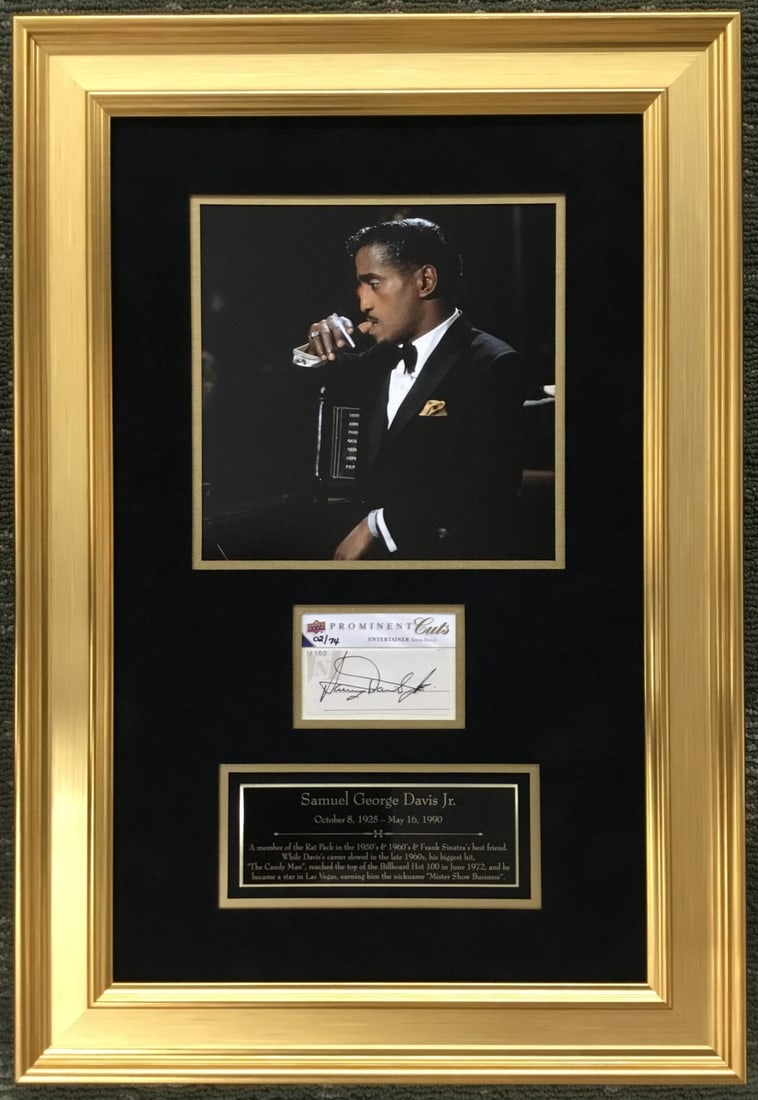 Sammy Davis Jr Signed Framed Display Upper Deck Authentication 23 x 16: Sammy Davis Jr Signed Framed Display Upper Deck Authentication 23 x 16 This striking custom framed display showcases a cut signature of the legendary entertainer Sammy Davis Jr., a prominent member of