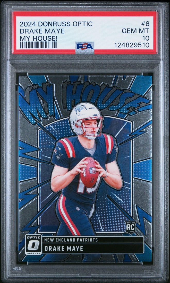 PSA 10 Drake Maye 2024 Donruss Optic My House RC Card #8: PSA 10 Drake Maye 2024 Donruss Optic My House RC Card #8 Graded 2024 Panini Donruss Optic "My House!" rookie football card featuring Drake Maye. This original card is encapsulated and graded by PSA wi