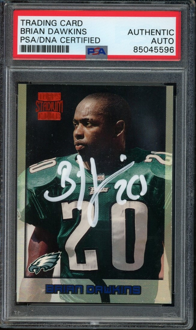Brian Dawkins Autographed 1996 TOPPS RC Card #343 PSA/DNA Eagles HOF: Brian Dawkins Autographed 1996 TOPPS RC Card #343 PSA/DNA Eagles HOF This is a 1996 Stadium Club rookie card #343 featuring Brian Dawkins, a Hall of Fame player of the Philadelphia Eagles. The card is