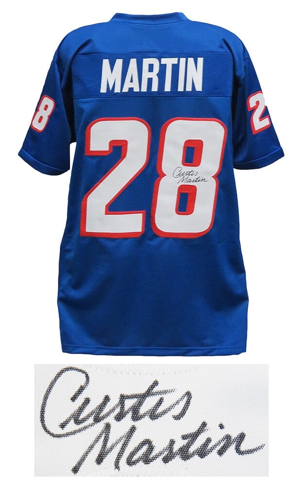 Curtis Martin Signed New England Patriots Blue Throwback Jersey with COA: Curtis Martin Signed New England Patriots Blue Throwback Jersey with COA Celebrate the legacy of Curtis Martin with this signed blue throwback custom football jersey from the New England Patriots. Thi