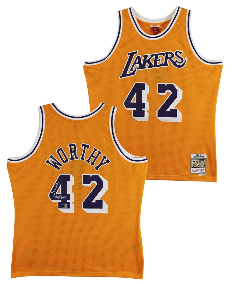 James Worthy signed Lakers yellow jersey with HOF 2003 BAS witnessed: James Worthy signed Lakers yellow jersey with HOF 2003 BAS witnessed Autographed yellow Mitchell & Ness Hardwood Classics Swingman jersey signed by James Worthy and inscribed "HOF 2003." This original