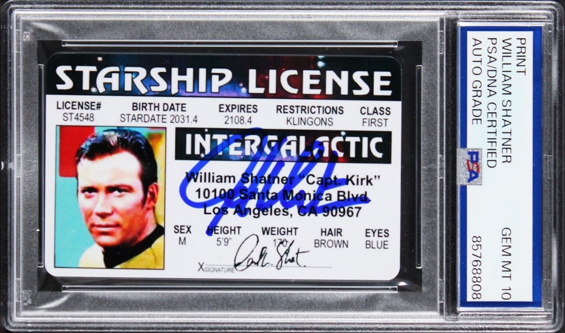 PSA Slabbed William Shatner Signed Captain Kirk Starship Replica License (1 of 2)