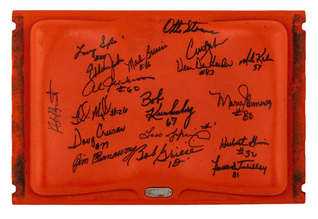 Orange Bowl seatback signed by 1972 Miami Dolphins champions JSA authenticated: Orange Bowl seatback signed by 1972 Miami Dolphins champions JSA authenticated Original Orange Bowl seat back signed by members of the 1972 Miami Dolphins Super Bowl VII championship team. This pre-ow
