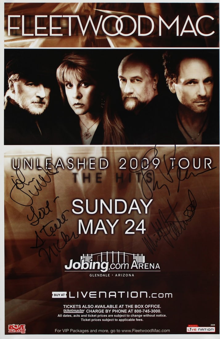 Fleetwood Mac Signed 11x17 2009 Tour Poster JSA Certified: Fleetwood Mac Signed 11x17 2009 Tour Poster JSA Certified Celebrate the legendary band Fleetwood Mac with this original, autographed 11x17 Unleashed 2009 Tour Poster. This stunning piece features the 