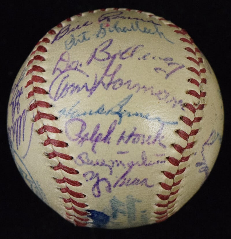 1953 Mini American League Baseball Signed by 23 New York Yankees: 1953 Mini American League Baseball Signed by 23 New York Yankees This is an original 1953 New York Yankees team-signed mini American League baseball, featuring the W. Harridge league president's stamp