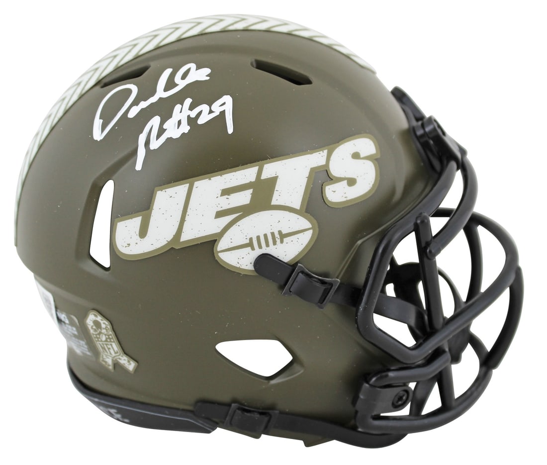 Darrelle Revis Autographed New York Jets Salute To Service Mini Helmet BAS Witnessed: Darrelle Revis Autographed New York Jets Salute To Service Mini Helmet BAS Witnessed This Salute to Service Speed Mini Helmet features the authentic signature of Darrelle Revis from the New York Jets.