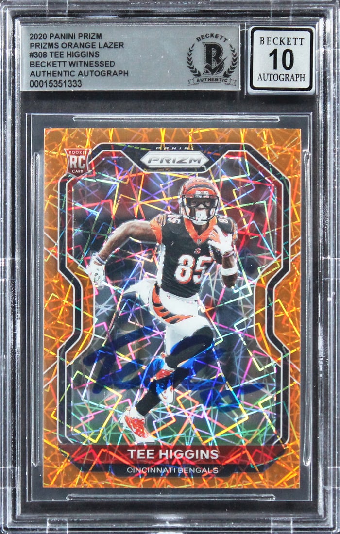 Tee Higgins Signed 2020 Panini Prizm Orange Lazer RC Card Gem Mint 10 BAS: Tee Higgins Signed 2020 Panini Prizm Orange Lazer RC Card Gem Mint 10 BAS This 2020 Panini Prizm Orange Lazer #308 Rookie Card is a remarkable piece for any football fan or collector. Personally signe