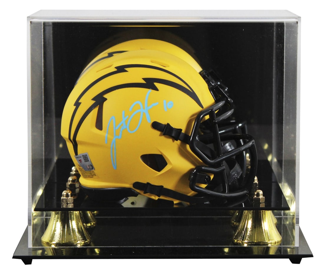 Justin Herbert Signed Rave Speed Mini Helmet with Fanatics Case: Justin Herbert Signed Rave Speed Mini Helmet with Fanatics Case This authentic autographed Rave Speed mini helmet showcases the signature of Justin Herbert, quarterback for the Los Angeles Chargers. T
