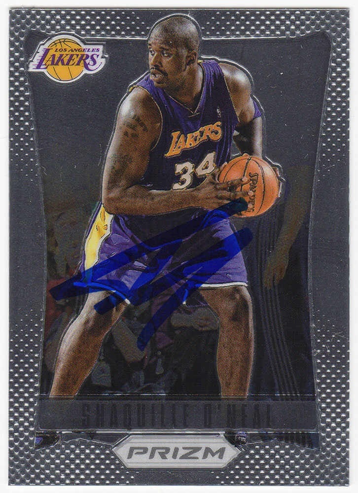 Autographed 2012-13 Panini Prizm #166 Shaquille O'Neal Lakers Card: Autographed 2012-13 Panini Prizm #166 Shaquille O'Neal Lakers Card Signed 2012-13 Panini Prizm basketball trading card #166 featuring Shaquille O'Neal with the Los Angeles Lakers. The card is pre-owne