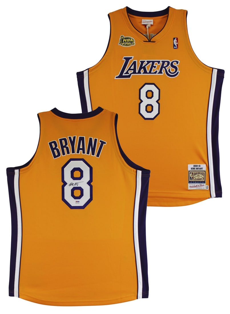 Kobe Bryant Signed Lakers Yellow 2000-01 Jersey PSA Authenticated: Kobe Bryant Signed Lakers Yellow 2000-01 Jersey PSA Authenticated This autographed yellow Mitchell & Ness Hardwood Classics jersey commemorates Kobe Bryant's iconic 2000-01 season with the Los Angeles