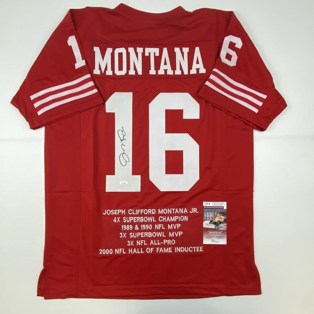 Joe Montana Signed Red Custom Football Jersey JSA Authenticated XL: Joe Montana Signed Red Custom Football Jersey JSA Authenticated XL Autographed Joe Montana custom red stat jersey featuring the player's name and number. This original signed football collectible come
