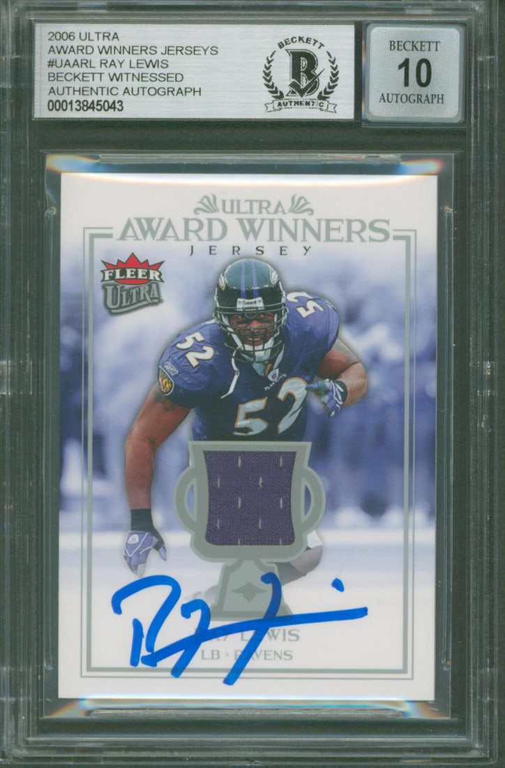 Ray Lewis 2006 Ultra Award Winners #UAARL Signed Card Auto 10 Beckett Slabbed: Ray Lewis 2006 Ultra Award Winners #UAARL Signed Card Auto 10 Beckett Slabbed This 2006 Ultra Award Winners Jerseys #UAARL card features a personal autograph from Ray Lewis of the Baltimore Ravens. Th