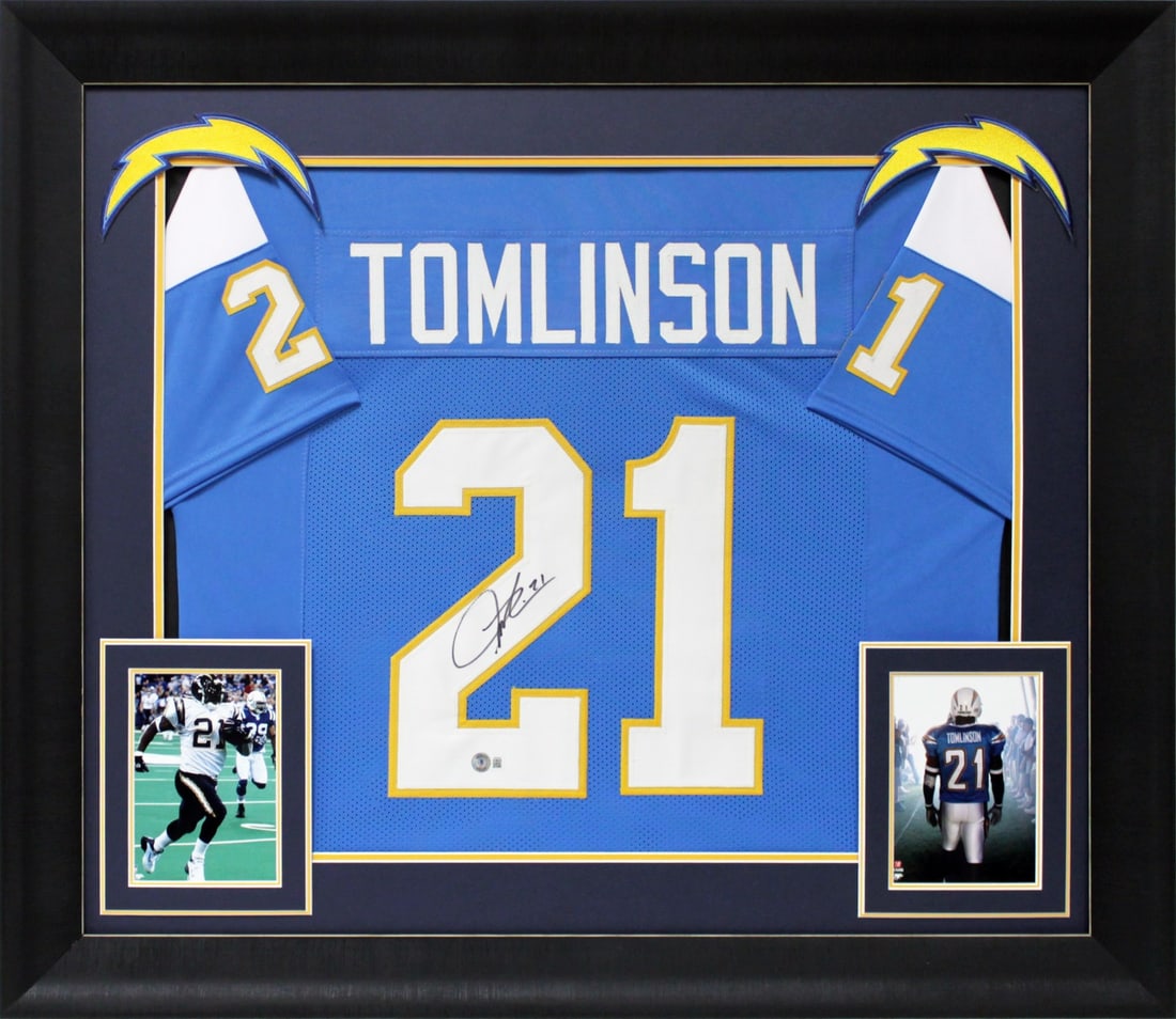 Framed Powder Blue Autographed Jersey LaDainian Tomlinson BAS Chargers: Framed Powder Blue Autographed Jersey LaDainian Tomlinson BAS Chargers Professionally framed powder blue pro style jersey signed by LaDainian Tomlinson. This original autographed piece features a cust