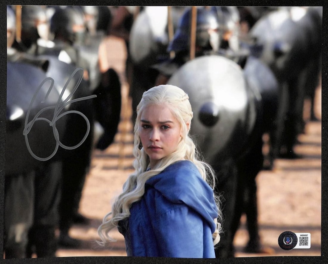 Autographed 8x10 Photograph of Emilia Clarke from Game of Thrones Beckett Authenticated: Autographed 8x10 Photograph of Emilia Clarke from Game of Thrones Beckett Authenticated This is an original 8x10 photograph signed by Emilia Clarke from Game of Thrones. The autograph is authenticated