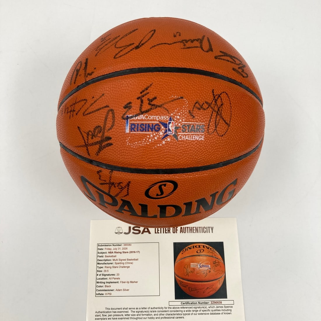Signed 2016 NBA Rising Stars Basketball 20 Autographs JSA COA: Signed 2016 NBA Rising Stars Basketball 20 Autographs JSA COA Original signed 2016 NBA Rising Stars basketball featuring 20 signatures, including Nikola Jokic, Joel Embiid, Karl-Anthony Towns, Kristap